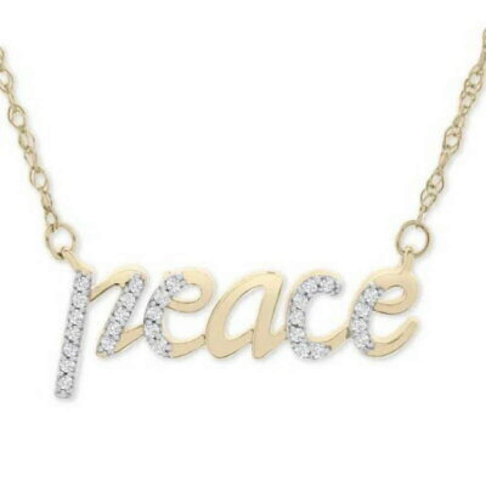 14k GOLD "PEACE" Script Wrapped Diamond Pendant Necklace (1/10 ct. t.w.) RARE